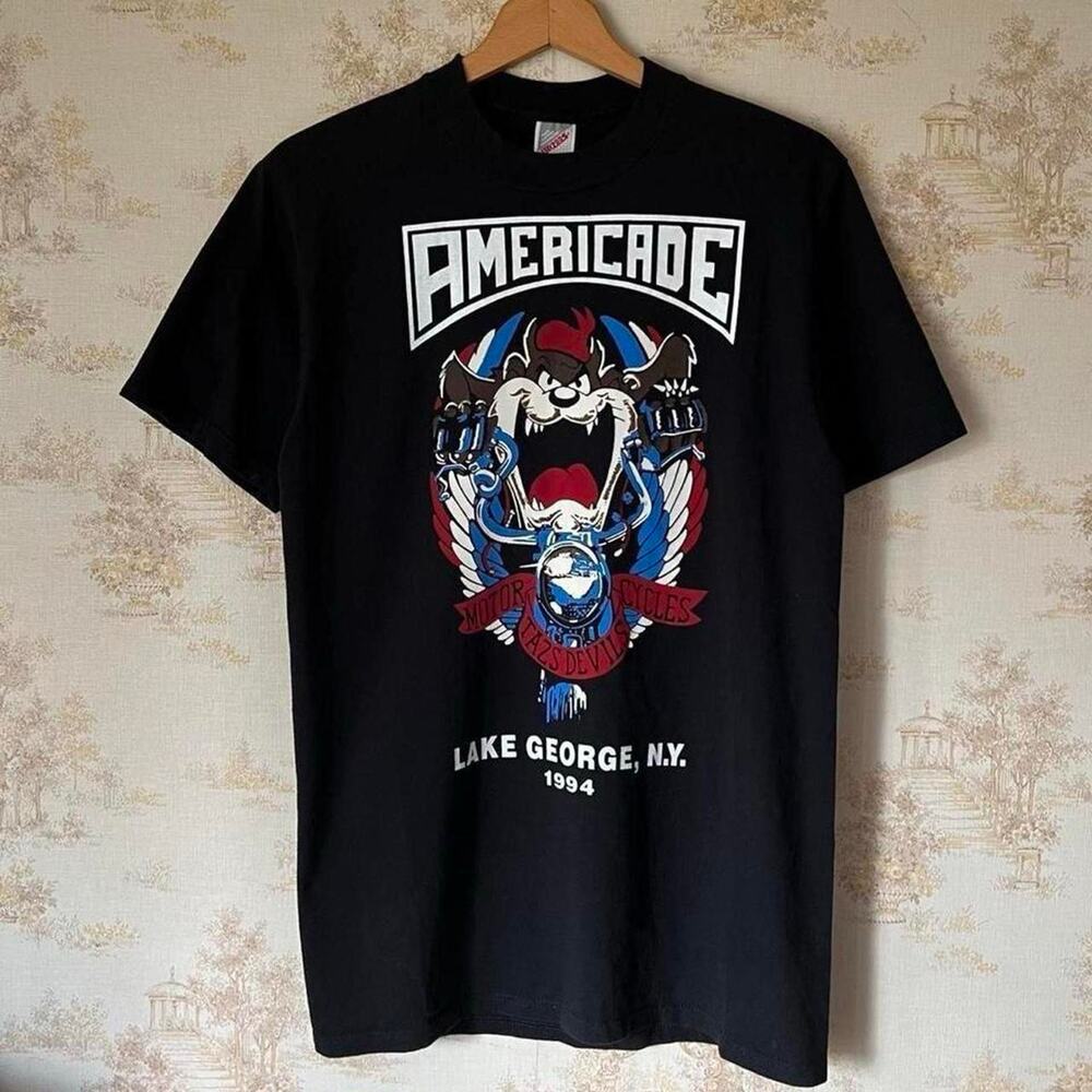 Vintage 90s Taz Biker T-Shirt | Looney Tunes Motorcycle | Made in USA | M